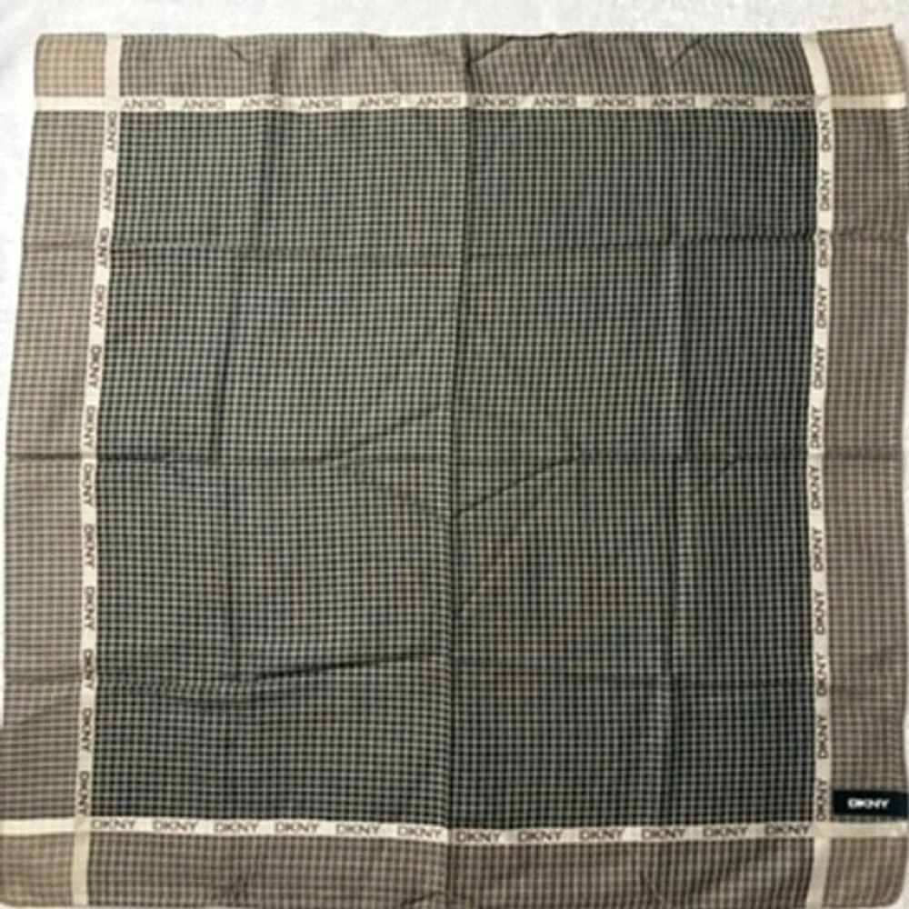 Vtg DKNY Scarf Handkerchief Grid Check Cotton Brown Black 18